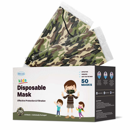 Picture of WECARE Kids Disposable Face Masks, 50 Green Camo Masks, Individually Wrapped