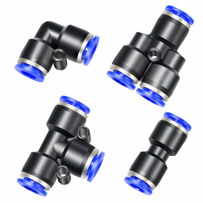 Picture of TAILONZ PNEUMATIC 1/4 Inch od Push to Connect Fittings Pneumatic Fittings Kit 2 Spliters+2 Elbows+2 tee+2 Straight (8 pcs)