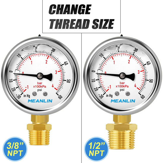 thumbnail image 2 of Pool Filter Gauge MEANLIN 0-60 PSI Stainless Steel Pressure Gauge - 1/4" NPT For Pool Filters, Spas & Aquariums 1/4 NPT Gauge 2 of 12