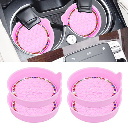 Picture of Amooca Car Cup Coaster Universal Non-Slip Cup Holders Bling Crystal Rhinestone Car Interior Accessories 4 Pack Pink Coloured