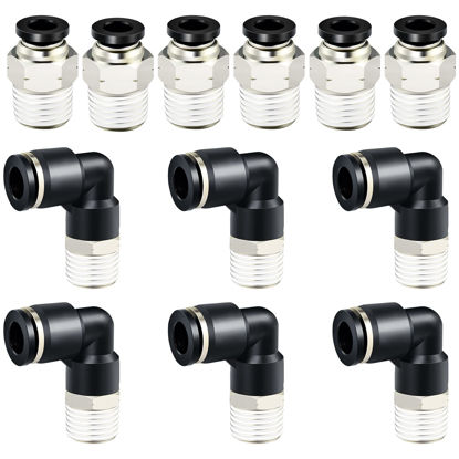 Picture of TAILONZ PNEUMATIC Elbow and Straight Combination 5/16 Inch Tube OD x 1/4 Inch NPT Thread Push to Connect Fittings PC-5/16-N2+PL-5/16-N2(Pack of 12)