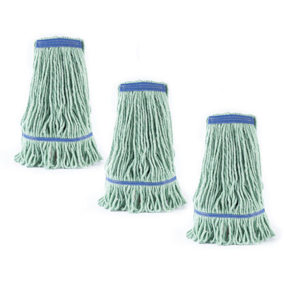 Picture of Matthew Cleaning Heavy Duty Mop Head Commercial Replacement for General and Floor Cleaning , Wet Industrial Blue Cotton Looped End String Head Refill (Pack of 3) Green