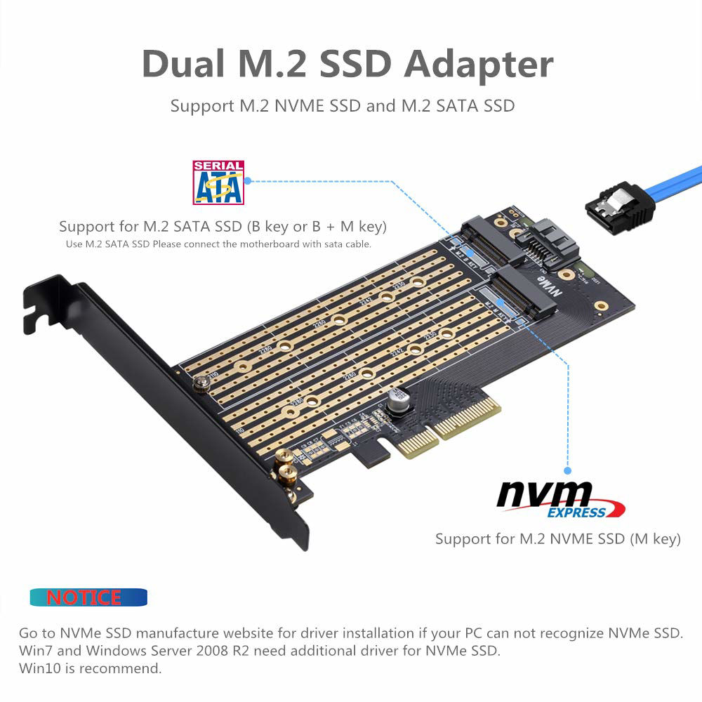 Getuscart dual m 2 pcie adapter for sata or pcie nvme ssd with