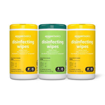 Picture of Amazon Basics Disinfecting Wipes, Lemon & Fresh Scent, Sanitizes, Cleans, Disinfects & Deodorizes, 255 Count (3 Packs of 85) (Previously Solimo) (Packaging May Vary)
