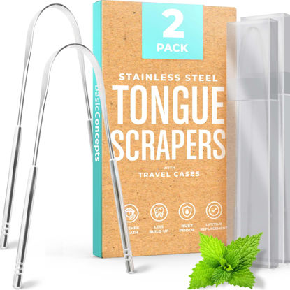 Picture of BASIC CONCEPTS Tongue Scraper (2 Pack), Reduce Bad Breath (Travel Cases Included), Stainless Steel Tongue Cleaners, Metal Tongue Scraper, Tongue Scraper for Adults - Fresher Breath in Seconds