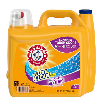 Picture of ARM & HAMMER Plus OxiClean with Odor Blasters Laundry Detergent, Eliminates Tough Odors, Fresh Burst Liquid Laundry Detergent, 201.6 Fl Oz Bottle