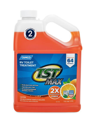 Picture of Camco TST MAX RV Toilet Treatment | Features a Biodegradable Septic Safe Formula, Comes in an Orange Citrus Scent, and is Ideal for RVing, Boating, and More | 1-Gallon (41173), 128 Fl Oz (Pack of 1)