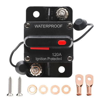 Picture of RED WOLF 120 AMP Car Circuit Breaker w/Manual Reset Switch Inline Fuse Holder Inverter for Motor Trolling Vehicles Audio Radio Solar System Protection 12V-48V DC with Wire Lugs Copper Washer Screws