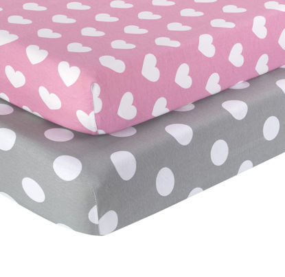 Picture of 2 Pack Fitted Crib Sheets for Girls in 100% Jersey Knit Cotton - Baby Girl Crib Mattress Sheets in Pink and Purple Heart and Polka Dot Designs by Everyday Kids; Sweet Baby Girl Nursery Theme