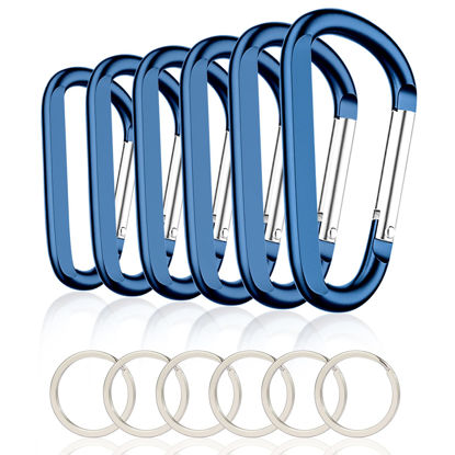 Picture of 6PCS Carabiner Caribeaner Clip,3 Inch Large Aluminum D Ring Shape Carabeaner with 6PCS Keyring Keychain Hook