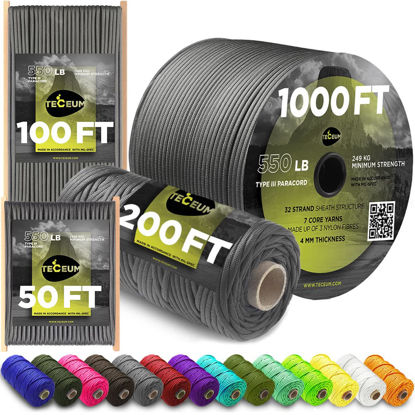 Picture of TECEUM Paracord Type III 550 Dark Grey - 100 ft - 4mm - Tactical Rope MIL-SPEC - Outdoor para Cord - Camping Hiking Fishing Gear - EDC Parachute Cord -Strong Survival Rope 030 N nw