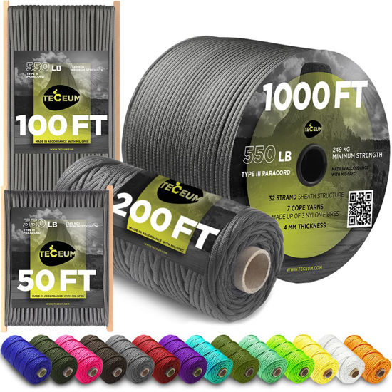 Picture of TECEUM Paracord Type III 550 Dark Grey - 100 ft - 4mm - Tactical Rope MIL-SPEC - Outdoor para Cord - Camping Hiking Fishing Gear - EDC Parachute Cord -Strong Survival Rope 030 N nw