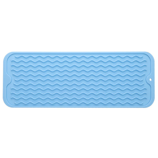 Picture of MicoYang Silicone Dish Drying Mat for Multiple Usage,Easy clean,Eco-friendly,Heat-resistant Silicone Mat for Kitchen Counter,Sink,Bar,Bottle,or Cup Light Blue M 17 inches x 6 inches