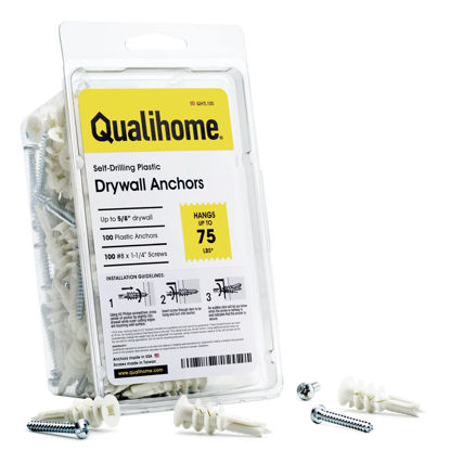 Picture of #8 Self Drilling Drywall Plastic Anchors with Screws - No Pre Drill Hole Preparation Required - 75 Lbs (100 Pack)