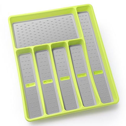 Picture of Joequality Silverware Organizer with Icons，Plastic Cutlery silverware Tray for Drawer，Utensil Tableware Flatware Organizer for Kitchen with Non-slip TPR,Fits Oversized Drawer,6-Compartment,Green