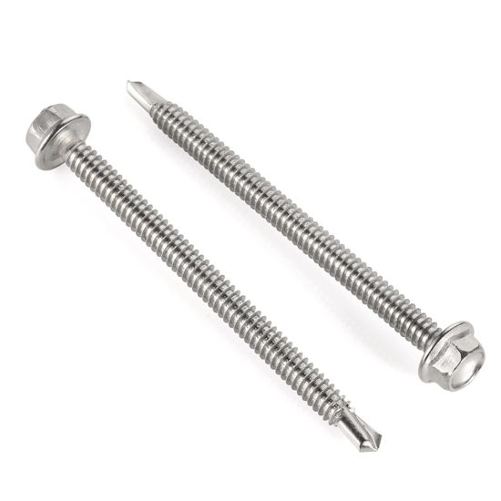 Picture of #14 x 2-1/4" Hex Washer Head Self Drilling Screws, Self Tapping Sheet Metal Tek Screws, 410 Stainless Steel, 25 PCS