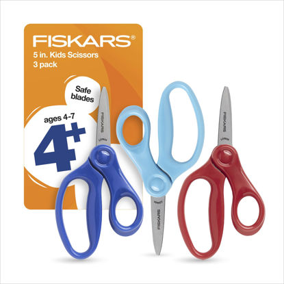 Picture of Fiskars 5" Pointed-Tip Scissors for Kids 4-7 (3-Pack) - Scissors for School or Crafting - Back to School Supplies - Red, Blue, Turquoise