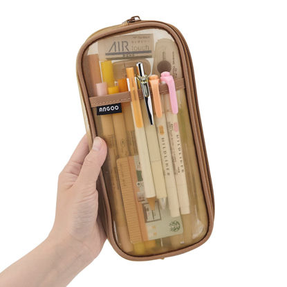 Picture of EASTHILL Grid Mesh Pen Pencil Case with Zipper Clear Makeup Color Pouch Cosmetics Bag Multi-Purpose Travel School Teen Girls Transparent Stationary Bag Office Organizer Box for Adluts(Khaki)