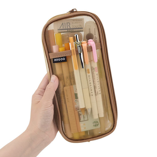 Picture of EASTHILL Grid Mesh Pen Pencil Case with Zipper Clear Makeup Color Pouch Cosmetics Bag Multi-Purpose Travel School Teen Girls Transparent Stationary Bag Office Organizer Box for Adluts(Khaki)
