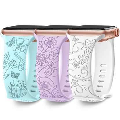 Picture of 3 Pack Floral Engraved Bands Compatible with Apple Watch Band 40mm 41mm 38mm 42mm 44mm 45mm 49mm Women,Soft Silicone Cute Wildflowers Sport Laser Strap for iWatch Bands Series Ultra SE 8 6 5 4 3 2 1