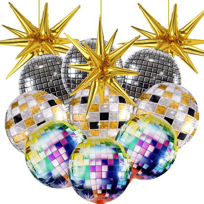 Picture of 12 Pcs Disco Ball Balloons, Huge Gold Explosion Star Aluminum Foil Balloons for Birthday, Bachelorette Party, 70s 80s 90s Theme Disco Party Decorations Supplies