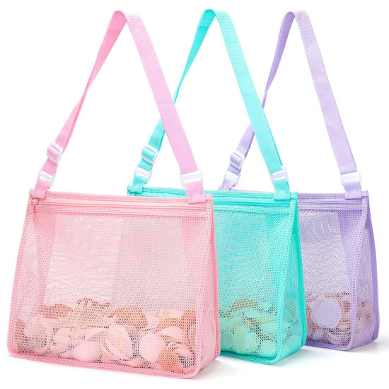 Picture of Tagitary Beach Toys Large Mesh Beach Bag with Zipper Sand Toy Seashell Bag for Holding Shells Pool Bag Swimming Accessories for Kids Teens(Only Bags,A Set of 3)