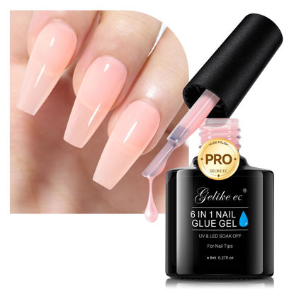 Picture of Gelike EC Nude-Colored Nail Glue Gel - 6 in 1 Extra Strong Nail Glue for Clear Acrylic Nails,Long Lasting Extension Gel Adhesive UV Nude Pink Nail Glue for Clear Press On Nail Tips,UV Cure Required