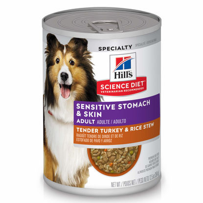 Picture of Hill's Science Diet Wet Dog Food, Adult, Sensitive Stomach & Skin, Tender Turkey & Rice Stew, 12.5 oz. Cans 12-Pack