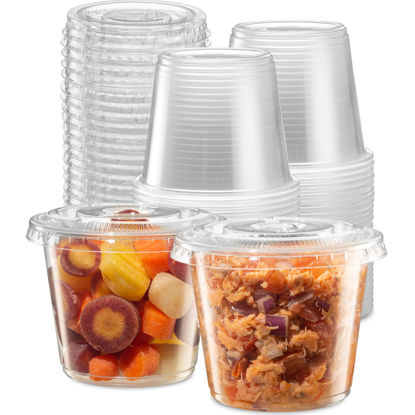 Picture of {5 oz - 100 Sets} Clear Diposable Plastic Portion Cups With Lids, Small Mini Containers For Portion Controll, Jello Shots, Meal Prep, Sauce Cups, Slime, Condiments, Medicine, Dressings, Crafts, Disposable Souffle Cups & Much more