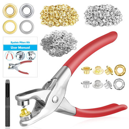 Picture of 803Pcs Grommet Eyelet Pliers Kit, 1/4 Inch 6mm Grommet Tool Kit with 800 Metal Eyelets with Washers in Gold and Silver, Eyelet Grommets, Portable Grommet Hand Press kit for Leather/Belt/Shoes/Cloths