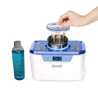 Picture of iSonic® DS310-WS+CSGJ01 Miniaturized Commercial Ultrasonic Cleaner with Integrated Stainless Steel Beaker Holder Set, White and Sapphire Blue, with a Bottle of Cleaning Solution