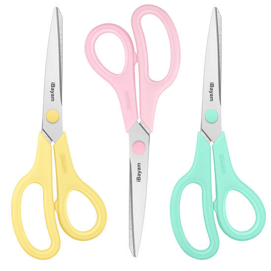 Picture of Scissors, iBayam 8" Multipurpose Scissors Bulk 3-Pack, Ultra Sharp Blade Shears, Comfort-Grip Handles, Sturdy Sharp Scissors for Office Home School Sewing Fabric Craft Supplies, Right/Left Hand
