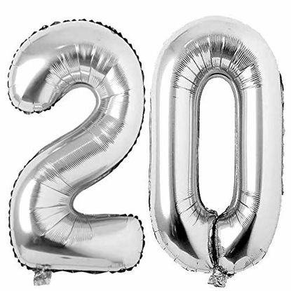 Picture of 20 Number Balloons Silver Giant Jumbo Big Large Number 20 Foil Mylar Balloons for 20th Birthday Party Supplies 20 Anniversary Events Decorations
