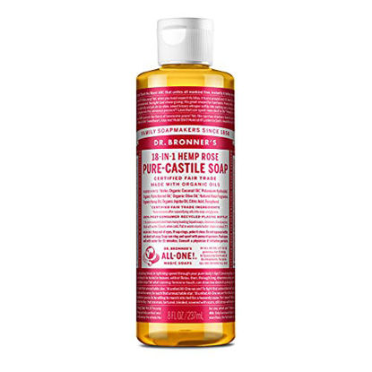 Picture of Dr. Bronner's - Pure-Castile Liquid Soap (Rose, 8 ounce) - Made with Organic Oils, 18-in-1 Uses: Face, Body, Hair, Laundry, Pets and Dishes, Concentrated, Vegan, Non-GMO