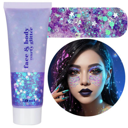 Picture of MEICOLY Lavender Light Purple Body Glitter,Singer Concerts Music Festival Rave,Mermaid Face Glitter,Sequins Glitter Face Paint,Chunky Glitter for Eye Lip Hair,Sparkling Holographic Gel for Women,50ml