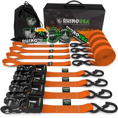 Picture of RHINO USA Ratchet Straps Tie Down Kit, 5,208 Break Strength - Includes (4) Heavy Duty Rachet Tiedowns with Padded Handles & Coated Chromoly S Hooks + (4) Soft Loop Tie-Downs