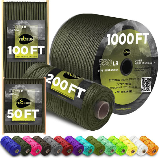 GetUSCart- TECEUM Paracord Type III 550 Army Green - 200 ft - 4mm -  Tactical Rope MIL-SPEC - Outdoor para Cord - Camping Hiking Fishing Gear -  EDC Parachute Cord - Strong Survival Rope 010 nw