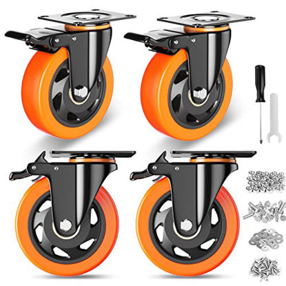 Picture of 4 Inch Caster Wheels, Casters Set of 4, Heavy Duty Casters with Brake 2200 Lbs, Locking Industrial Swivel Top Plate Casters Wheels for Furniture and Workbench Cart(Two Hardware Kits Include)