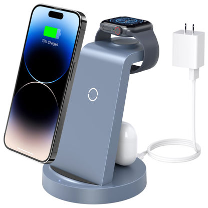 Picture of Wireless Charging Station, 3 in 1 Wireless Charger for iPhone 14/13/12/11/Pro/Max/SE/XS/XR/X/8 Plus/8, Fast Wireless Charging Stand Dock for Apple Watch Series & Airpods(with Adapter)