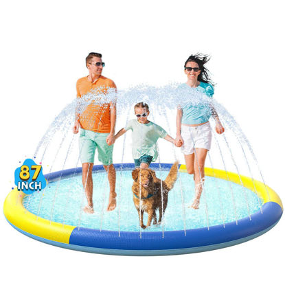 Picture of VISTOP Non-Slip Splash Pad for Kids and Dog, Thicken Sprinkler Pool Summer Outdoor Water Toys - Fun Backyard Fountain Play Mat for Baby Girls Boys Children or Pet Dog (87 inch, Yellow&Blue)