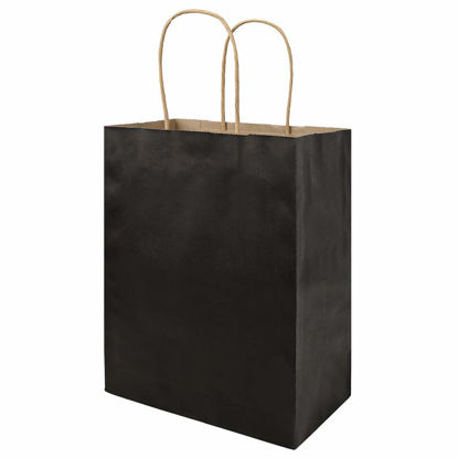 Picture of bagmad 100 Pack Medium 8x4.75x10 inch Black Kraft Paper Bags with Handles Bulk, Gift Bags, Craft Grocery Shopping Retail Party Favors Wedding Bags Sacks (Black, 100pcs)