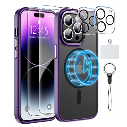 Picture of MOZOTER [6 in 1 Magnetic for iPhone 14 Pro Max Case [Compatible with MagSafe][2Pcs Glass Screen Protector+2Pcs Camera Lens Protector] Skin-Friendly Shockproof Translucent Matte Case Cover 6.7”- Purple