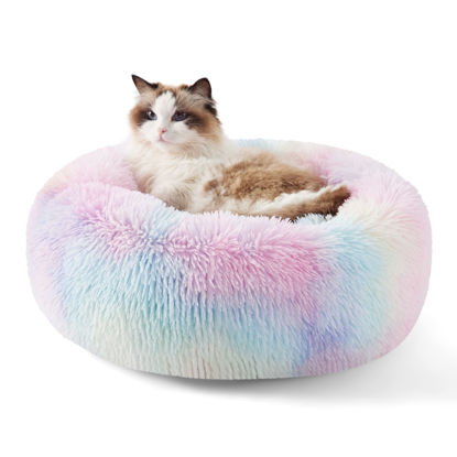 Picture of Bedsure Calming Cat Bed for Indoor Cats - Small Washable Round Cat Bed, Anti Anxiety Fluffy Plush Faux Fur Pet Bed, Fits up to 15 lbs Pets, Multi-Colored, 20 inches