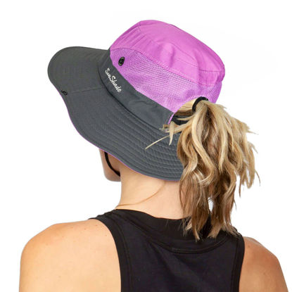 Picture of Women's Outdoor UV-Protection-Foldable Sun-Hats Mesh Wide-Brim Beach Fishing Hat with Ponytail-Hole (Purple)