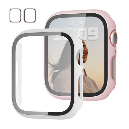 Picture of 2 Pack Case with Tempered Glass Screen Protector for Apple Watch Series 6/5/4/SE 44mm,JZK Slim Guard Bumper Full Coverage Hard PC Protective Cover HD Ultra-Thin Cover for iWatch 44mm,Pink+White