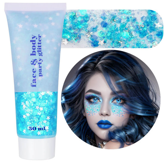 Picture of MEICOLY Light Blue Body Glitter,Singer Concert Music Festival Rave,Mermaid Princess Face Glitter Gel,Ice Blue Glitter Face Paint,Chunky Glitter for Eye Lip Hair,Sparkling Holographic Gel for Women