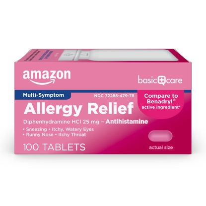 Picture of Amazon Basic Care Allergy Relief Diphenhydramine HCl 25 mg, Antihistamine Tablets for Symptoms Due to Hay Fever and Upper Respiratory Allergies, 100 Count