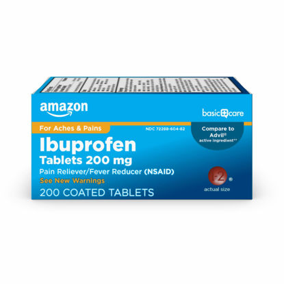 Picture of Amazon Basic Care Ibuprofen Tablets, Fever Reducer and Pain Relief from Body Aches, Headache, Arthritis and More, Brown, 200 Count
