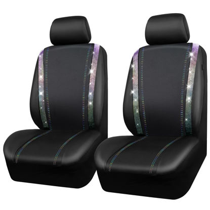 Picture of CAR PASS Leather Diamond Bling Car Seat Covers 2 Front Interior Sets, Waterproof Universal Shining Glitter Crystal Sparkle Fit for 95% Auto Truck SUV Cute Women Girl, 2PCS Black Multicolor Rhinestone