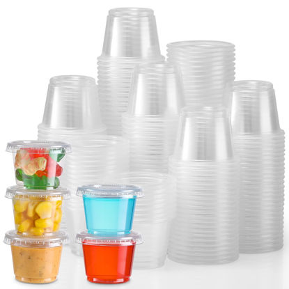 Picture of [130 Sets - 1 Oz ] Jello Shot Cups, Small Plastic Containers with Lids, Airtight and Stackable Portion Cups, Salad Dressing Container, Dipping Sauce Cups, Condiment Cups for Lunch, Party to Go, Trips